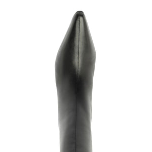 Close-up view of Mary Ellen leather boot in black showcasing smooth leather and a vertical seam against a white background