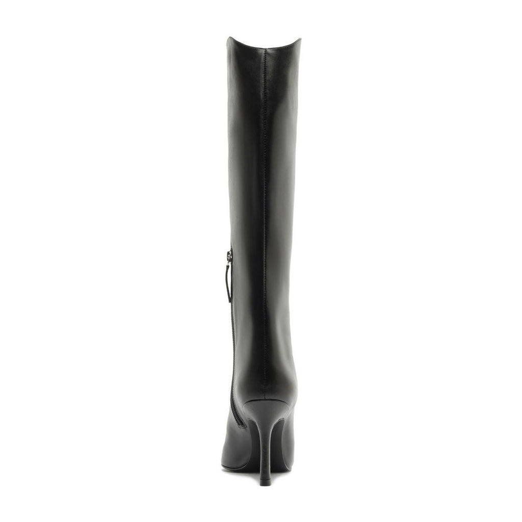 Rear view of Mary Ellen Leather Boot in Black showcasing its tall shaft and heel with a white background