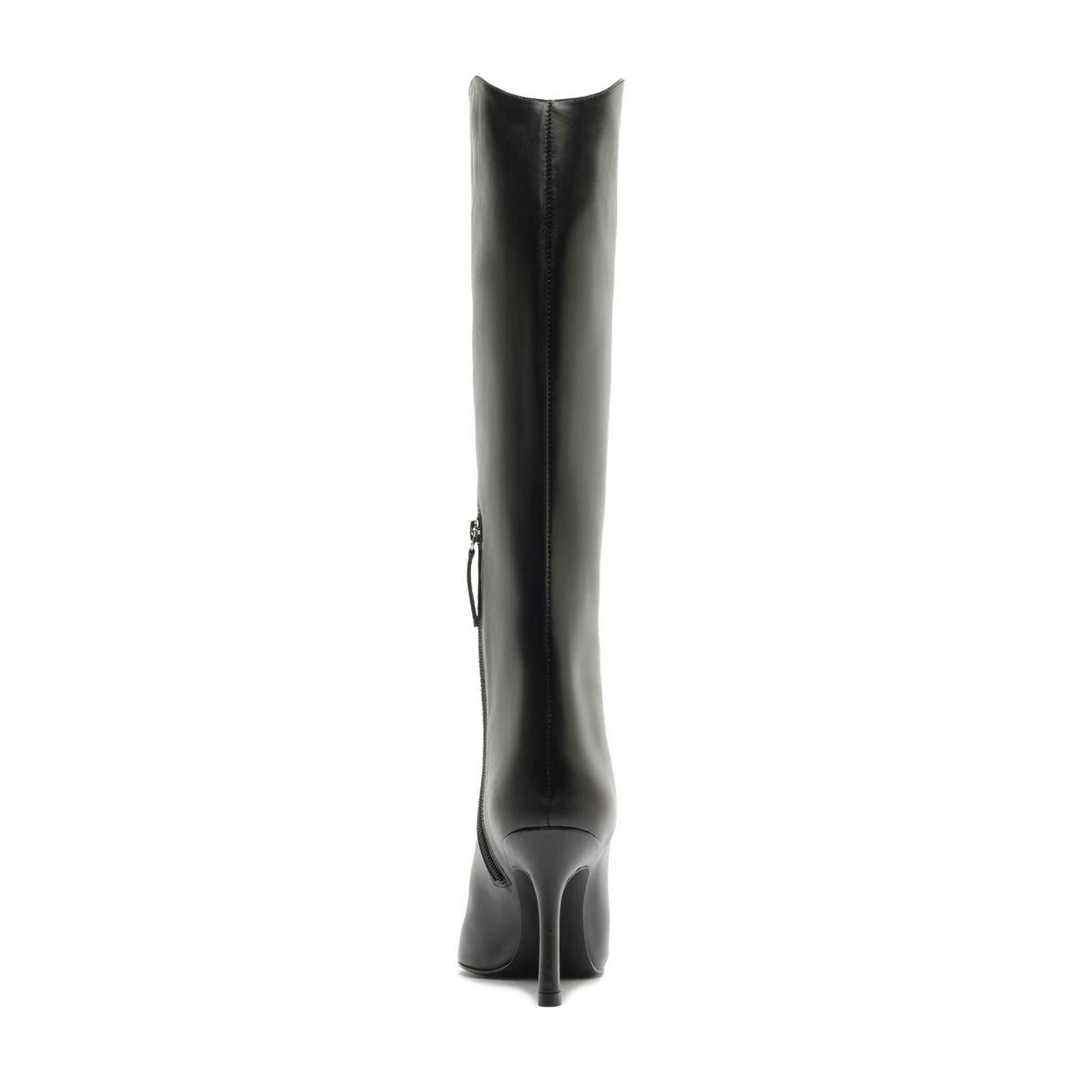 Rear view of Mary Ellen Leather Boot in Black showcasing its tall shaft and heel with a white background