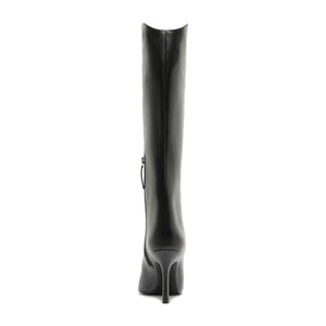 Rear view of Mary Ellen Leather Boot in Black showcasing its tall shaft and heel with a white background