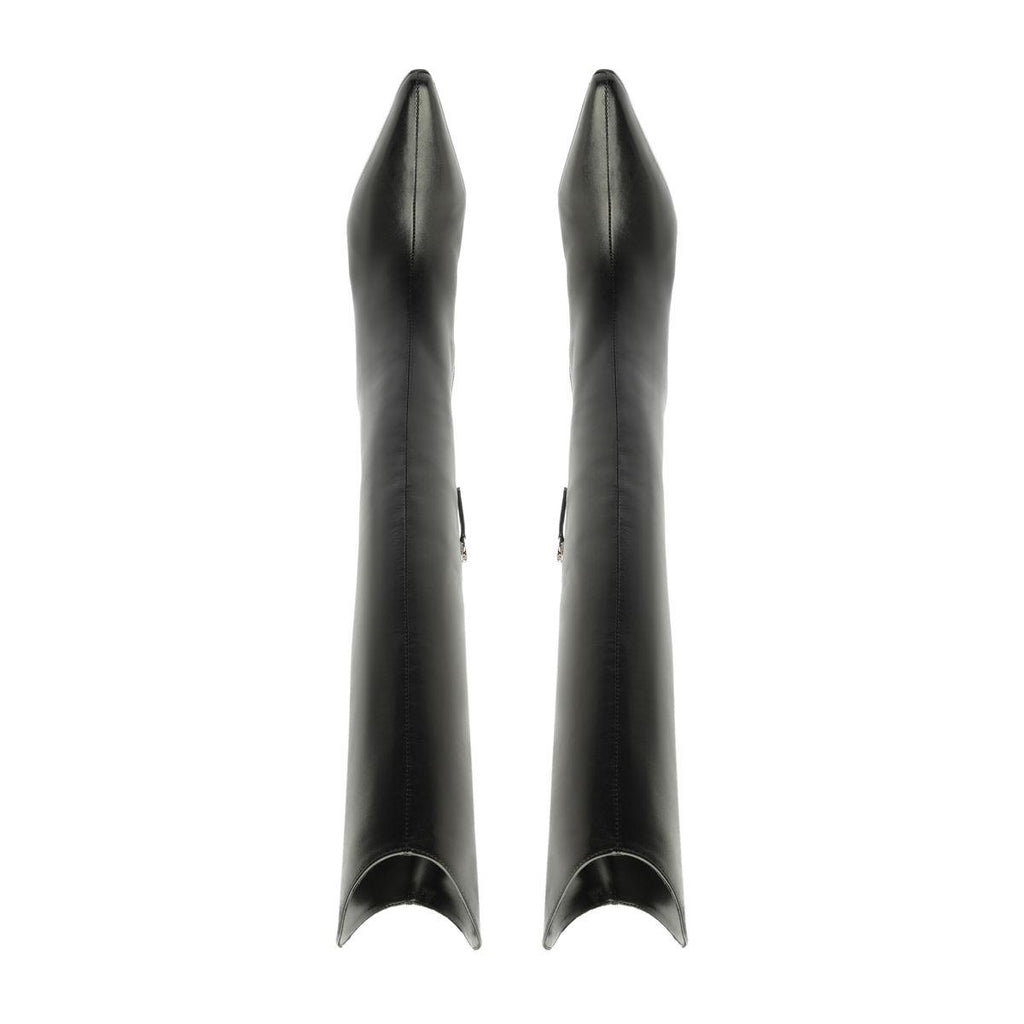 Front view of black Mary Ellen leather boots showcasing tall sleek shafts against a white background