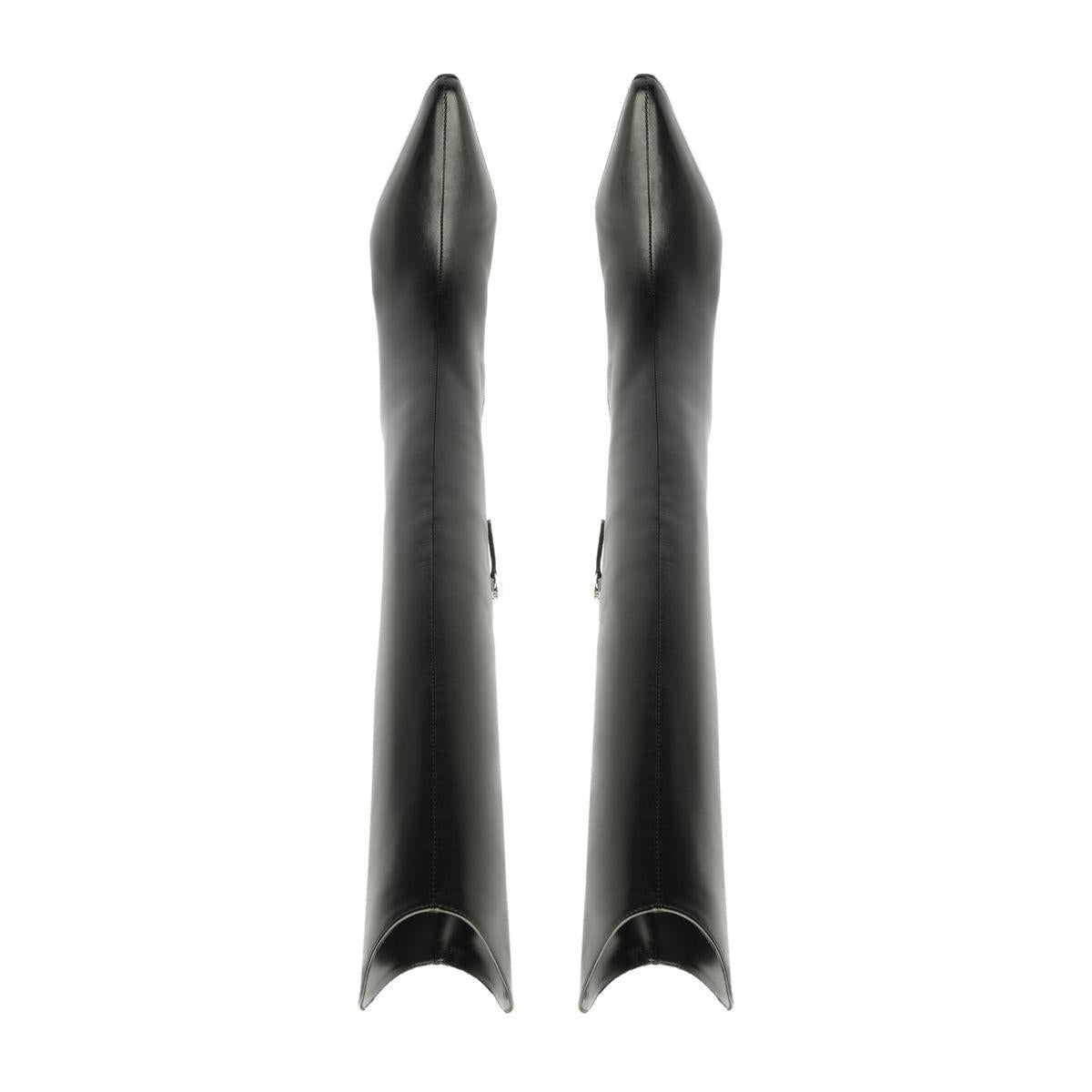Front view of black Mary Ellen leather boots showcasing tall sleek shafts against a white background