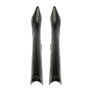 Front view of black Mary Ellen leather boots showcasing tall sleek shafts against a white background