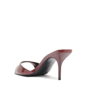Side view of Elodie Leather Sandal in Wine Berry showcasing its stiletto heel and leaf toe with a white background