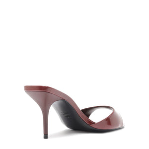 Side view of Elodie Leather Sandal in Wine Berry showcasing its leaf toe and stiletto heel on a white background