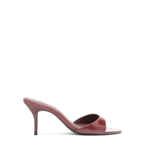 Side view of Elodie leather sandal in Wine Berry showcasing its stiletto heel and open toe with a white background