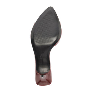 Bottom view of Elodie leather sandal showcasing leather outsole and stiletto heel with white background
