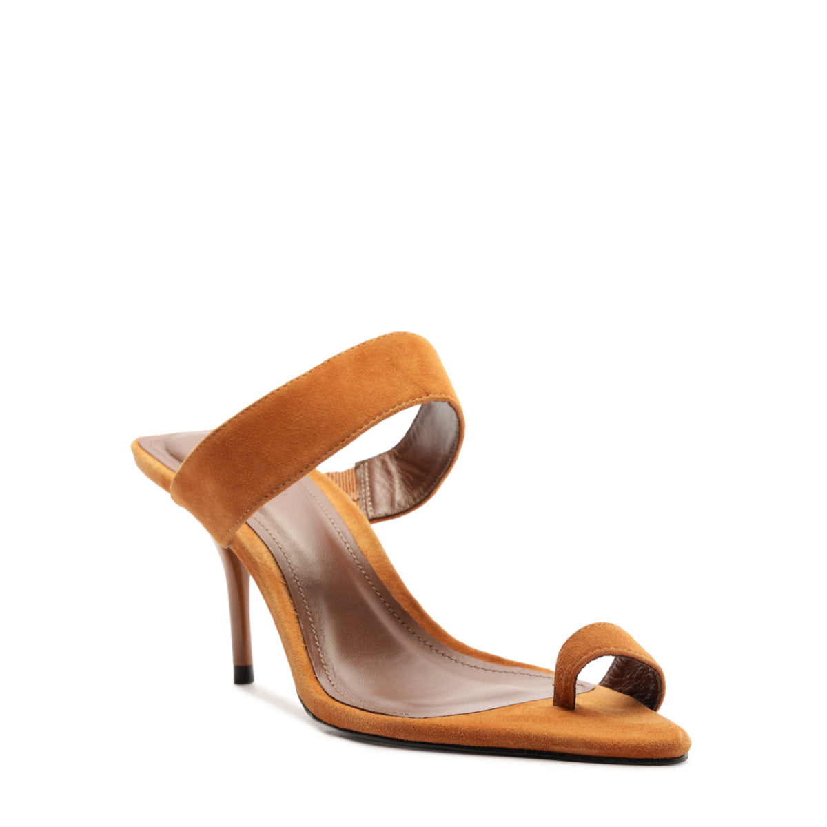 Three-quarter view of Melina Suede Sandal in Cuoio Brown showcasing minimal straps and high stiletto heel with white background