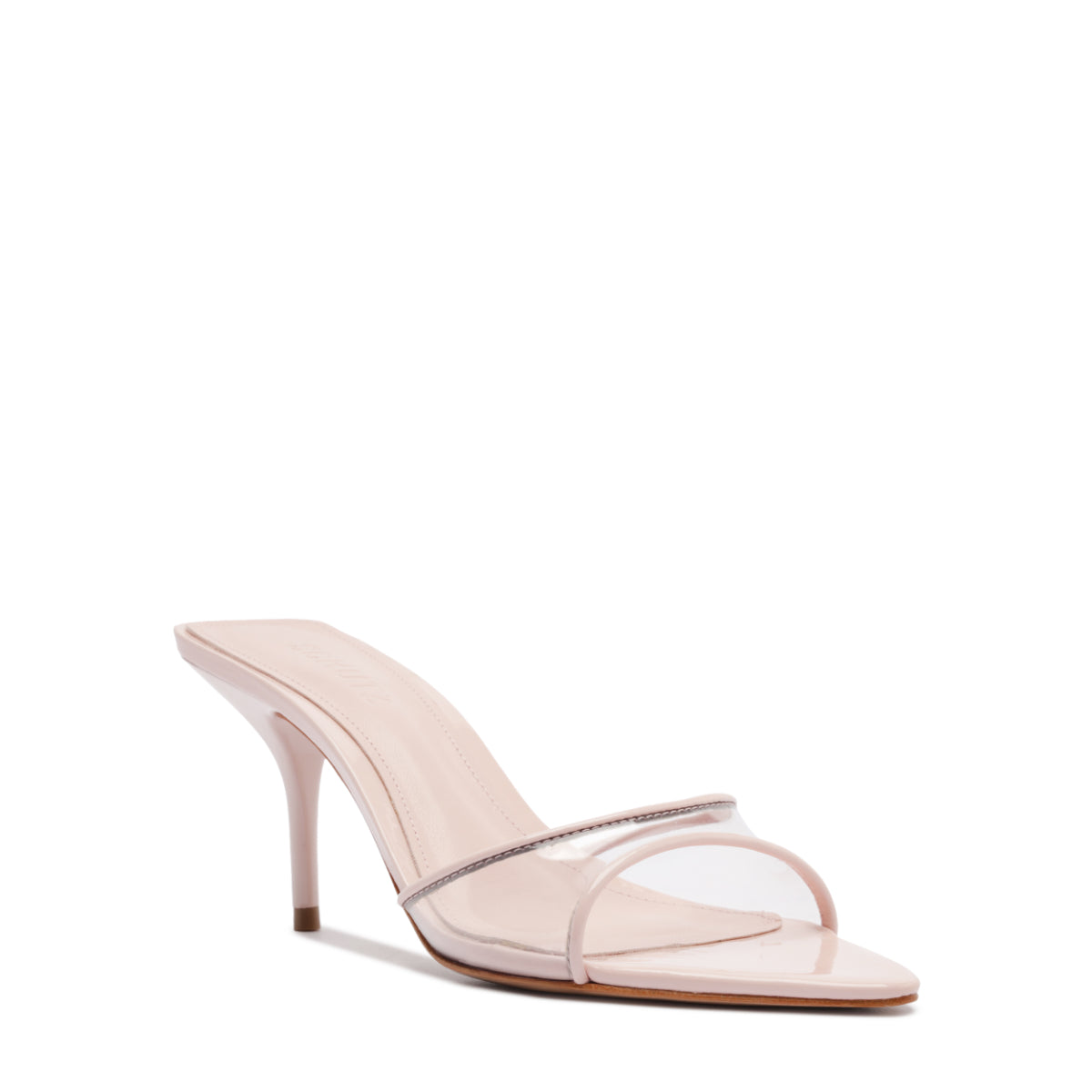 Three quarter view of Elodie vinyl sandal showing clear front strap pointed toe and blush insole on white background