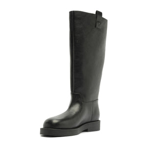 Side view of black Betty Boot showcasing knee-high shaft and block heel with white background