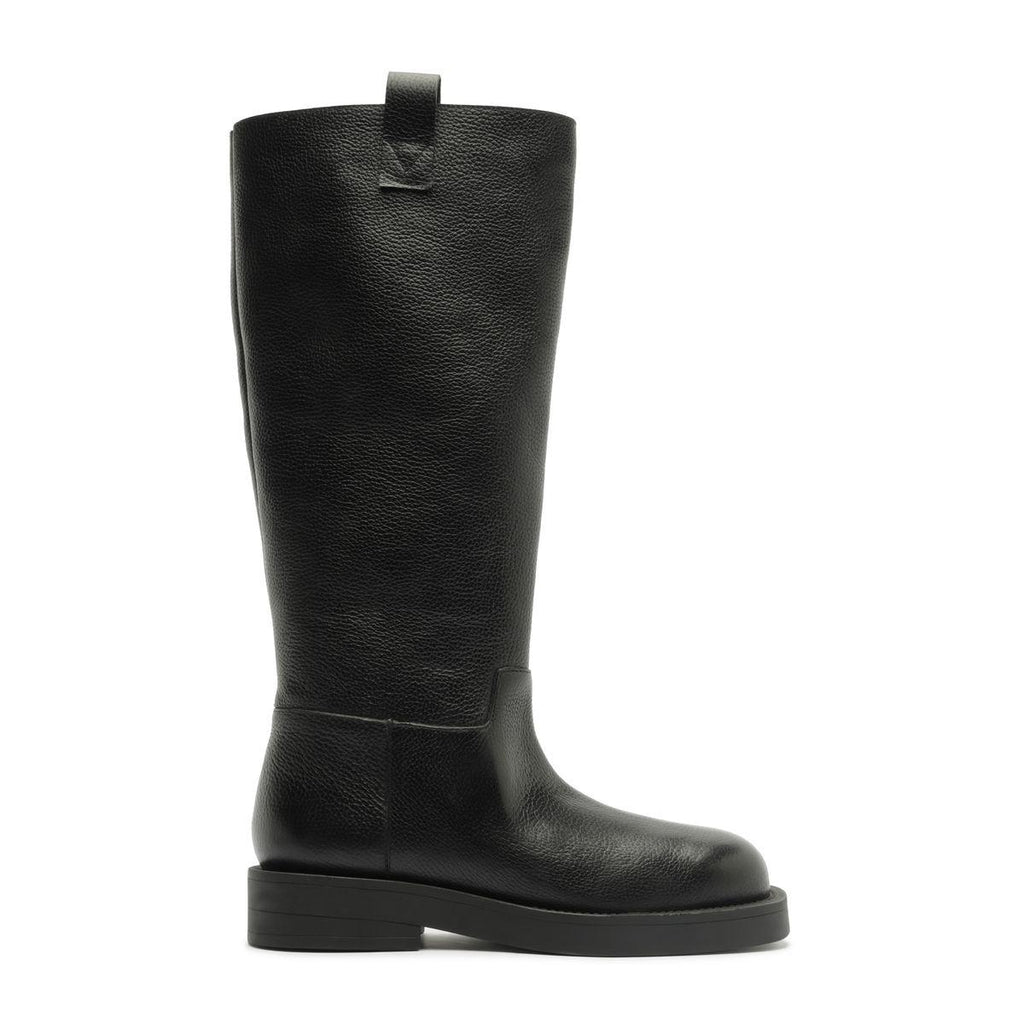 Side view of Betty Boot in Black showcasing its knee-high shaft, round toe, and block heel against a white background