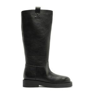 Side view of Betty Boot in Black showcasing its knee-high shaft, round toe, and block heel against a white background