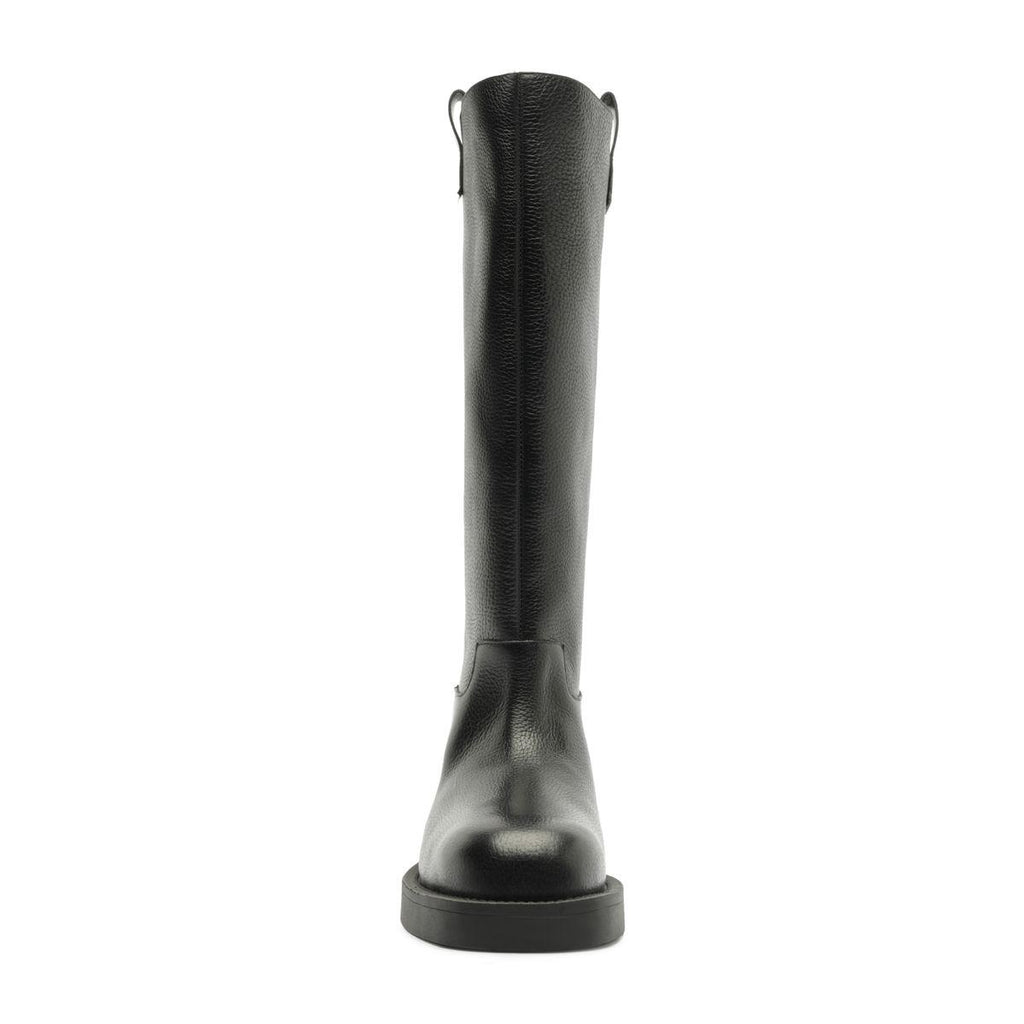Front view of Betty Boot in Black showcasing its knee-high shaft, round toe, and block heel with a white background