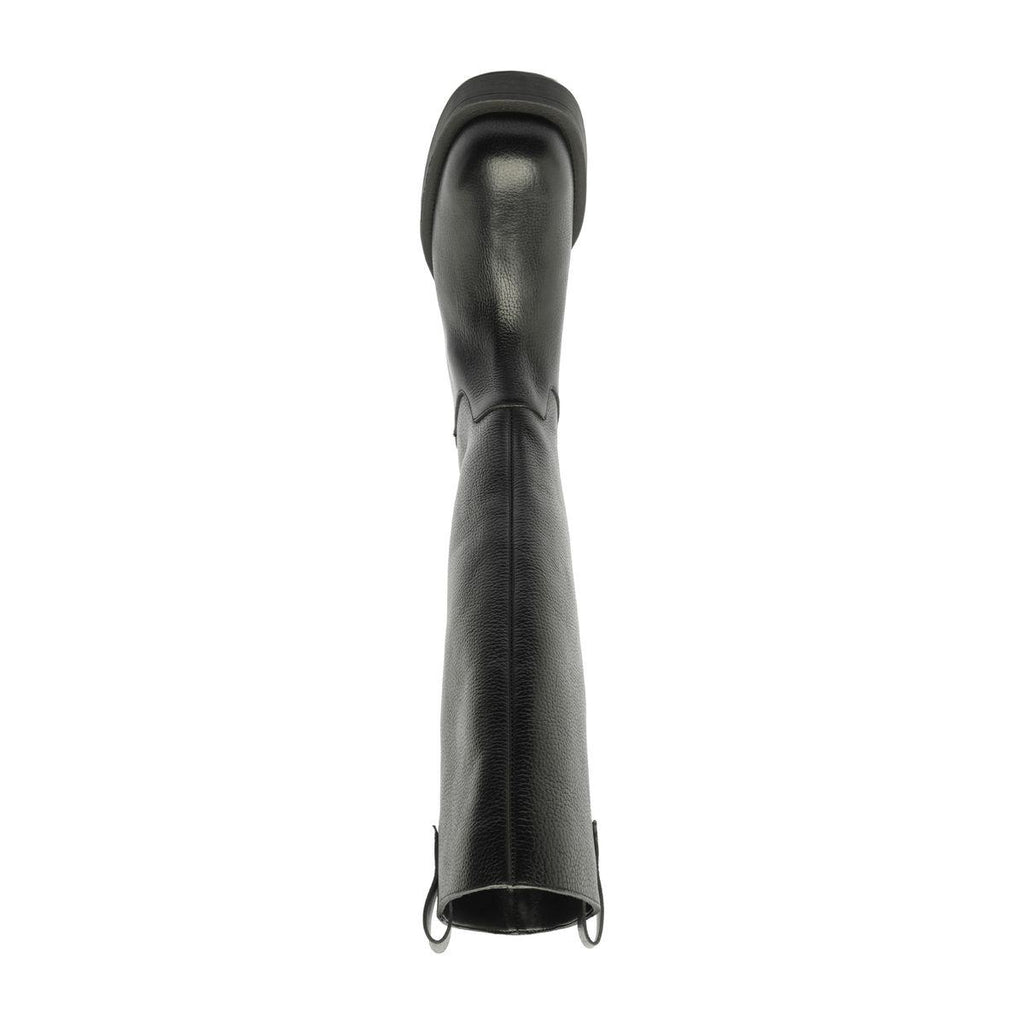Rear view of Schutz Betty Boot in Black showcasing its knee-high shaft and block heel against a white background