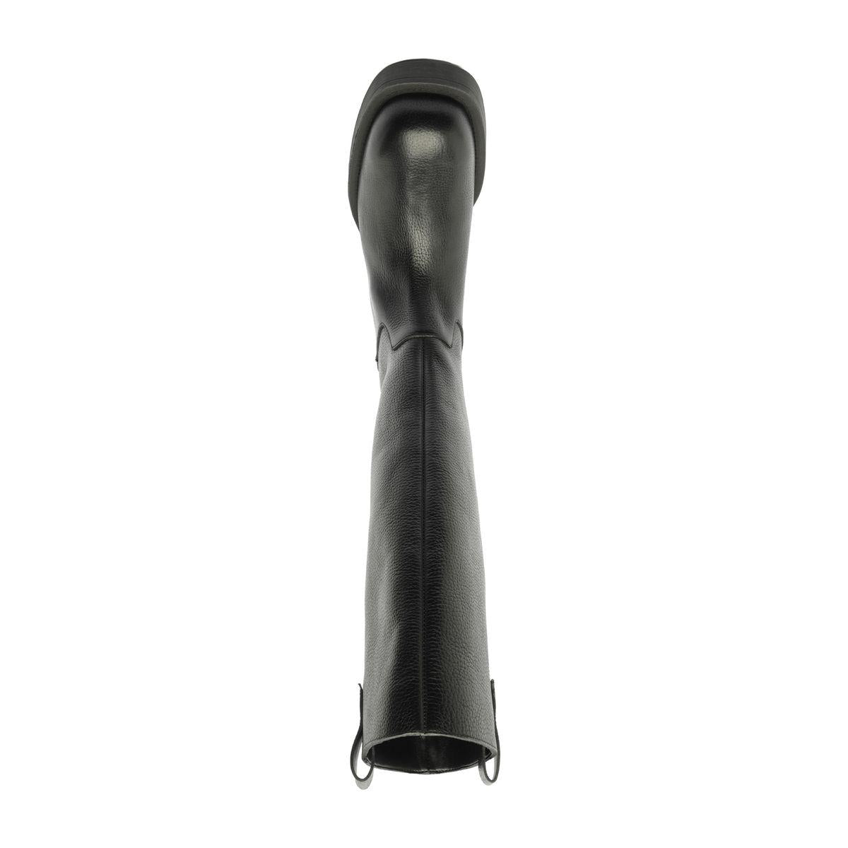 Rear view of Schutz Betty Boot in Black showcasing its knee-high shaft and block heel against a white background