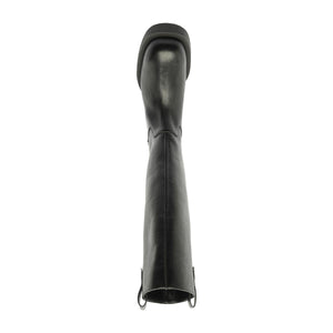 Rear view of Schutz Betty Boot in Black showcasing its knee-high shaft and block heel against a white background