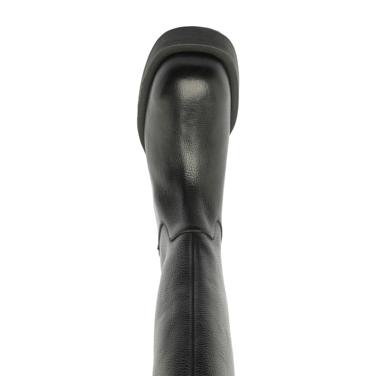 Close-up rear view of Betty Boot in Black showcasing its smooth leather shaft against a white background