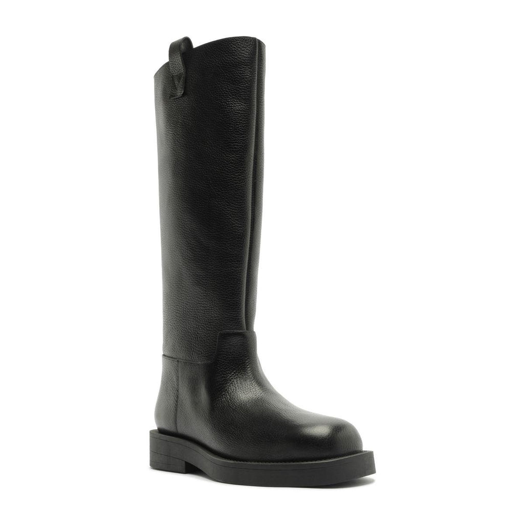 Three-quarter view of Betty Boot in Black showcasing its knee-high shaft and block heel on a white background