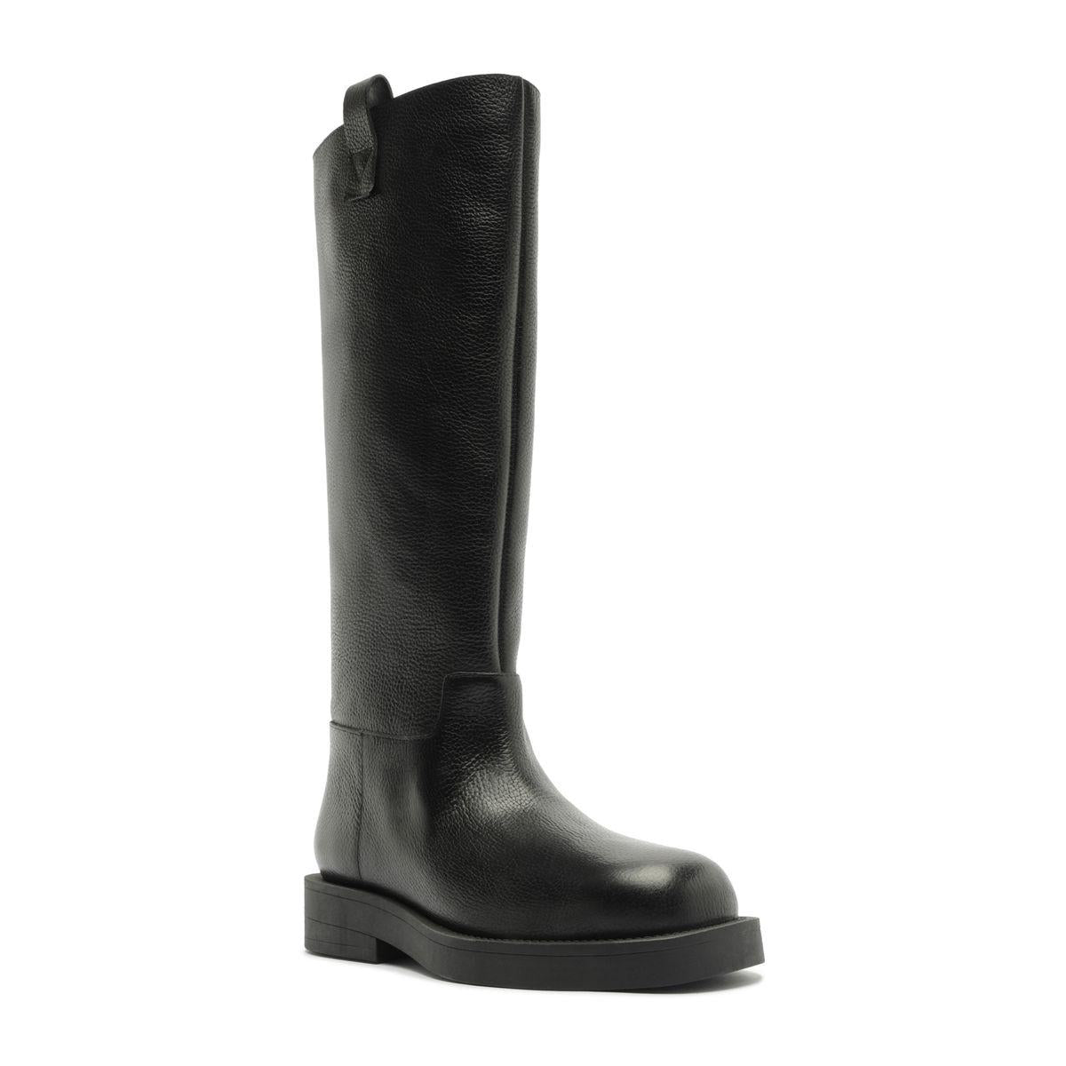 Three-quarter view of Betty Boot in Black showcasing its knee-high shaft and block heel on a white background