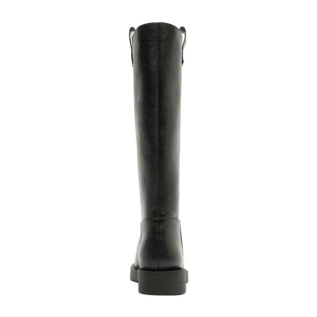 Rear view of Betty Boot in Black showcasing knee-high shaft and block heel with white background