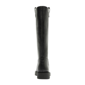 Rear view of Betty Boot in Black showcasing knee-high shaft and block heel with white background