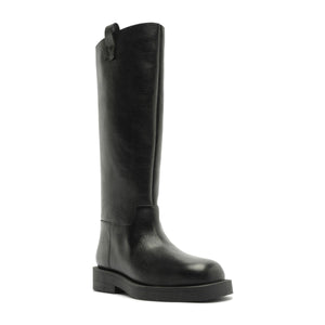 Three-quarter view of Betty Boot in Black showcasing its knee-high shaft and block heel on a white background