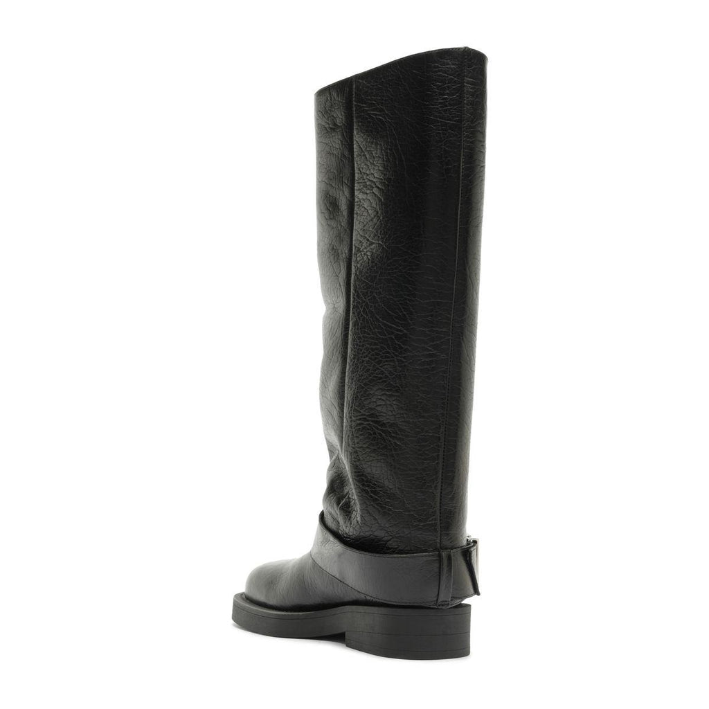 Rear view of Patrice Up Boot in Black showcasing tall shaft and low block heel against a white background