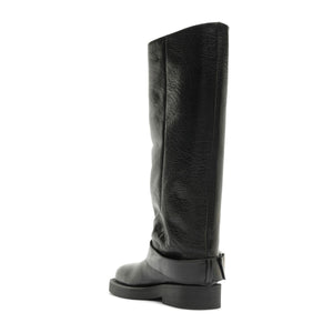 Rear view of Patrice Up Boot in Black showcasing tall shaft and low block heel against a white background