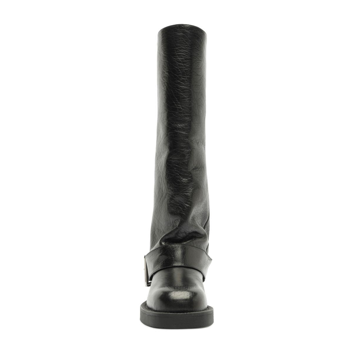 Front view of Patrice Up Boot in black showcasing its tall shaft and strap detail against a white background