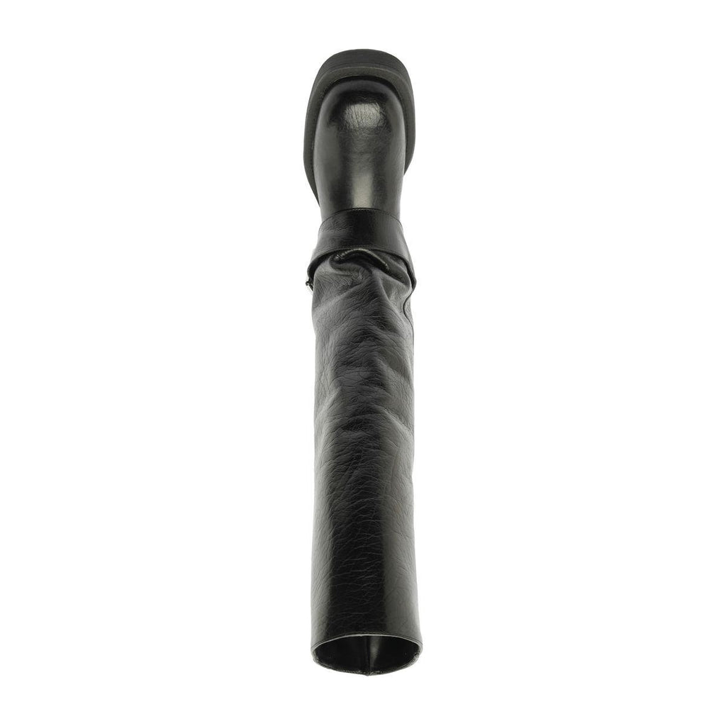 Rear view of Patrice Up Boot in Black showcasing its ruched leather shaft against a white background