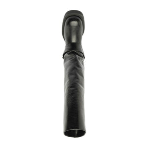 Rear view of Patrice Up Boot in Black showcasing its ruched leather shaft against a white background