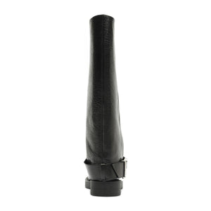 Rear view of Patrice Up Boot in black showcasing its tall shaft and ankle strap on a white background