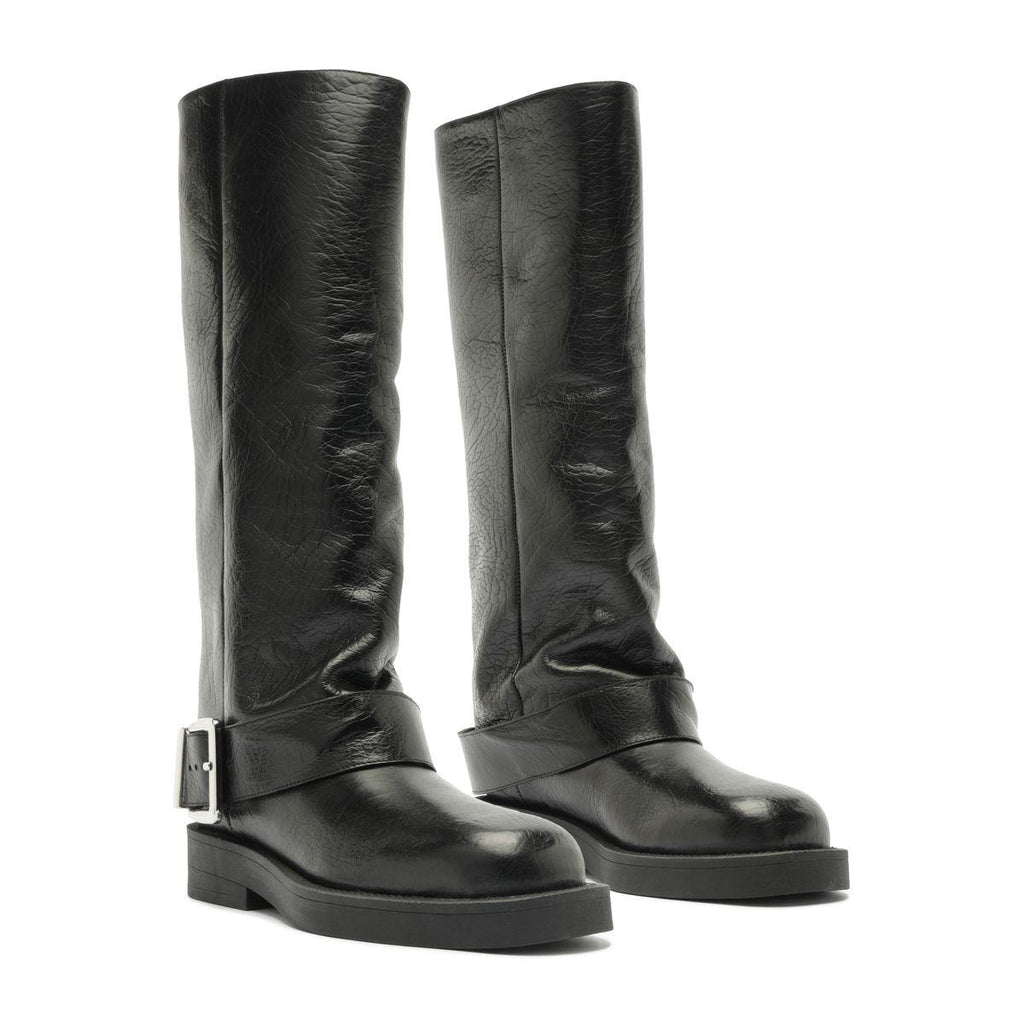 Three-quarter view of Patrice Up Boot in Black showcasing tall shafts and buckled straps on a white background