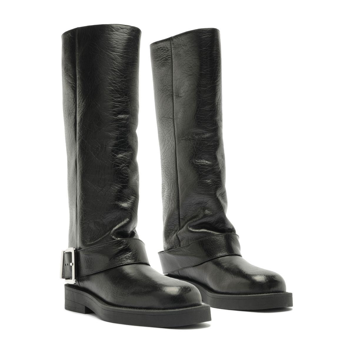 Three-quarter view of Patrice Up Boot in Black showcasing tall shafts and buckled straps on a white background