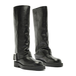 Three-quarter view of Patrice Up Boot in Black showcasing tall shafts and buckled straps on a white background