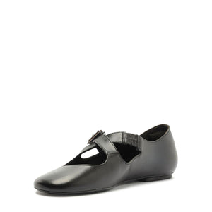 Side view of Molly Flat in Black showcasing its round toe, buckle strap, and closed counter against a white background