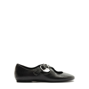Side view of Molly Flat in Black showcasing its rounded toe and buckle strap with a white background