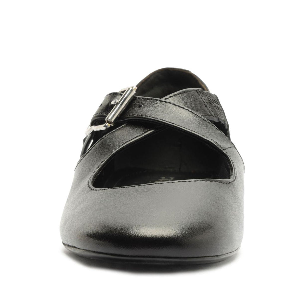 Front view of the Molly Flat in Black showcasing its rounded toe and buckle strap with a white background