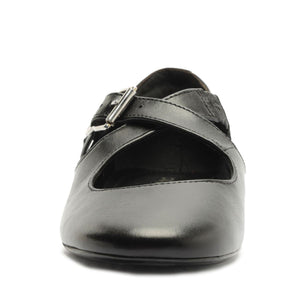 Front view of the Molly Flat in Black showcasing its rounded toe and buckle strap with a white background