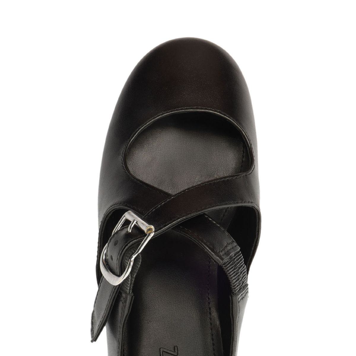 Top view of Molly Flat in Black showcasing its buckle strap and leather upper on a white background
