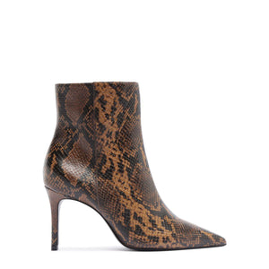 Side view of the Mikki Bootie in Animal Print showcasing its pointed toe and stiletto heel against a white background