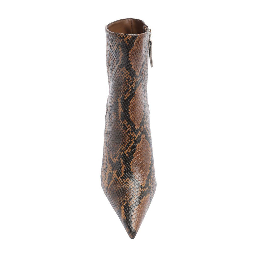 Front view of Mikki Bootie in Animal Print showcasing pointed toe and stiletto heel with white background