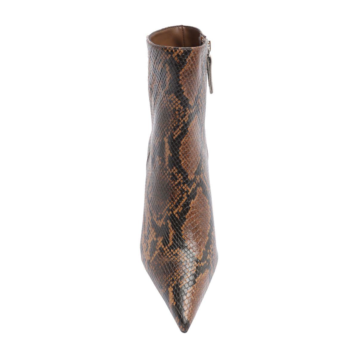 Front view of Mikki Bootie in Animal Print showcasing pointed toe and stiletto heel with white background