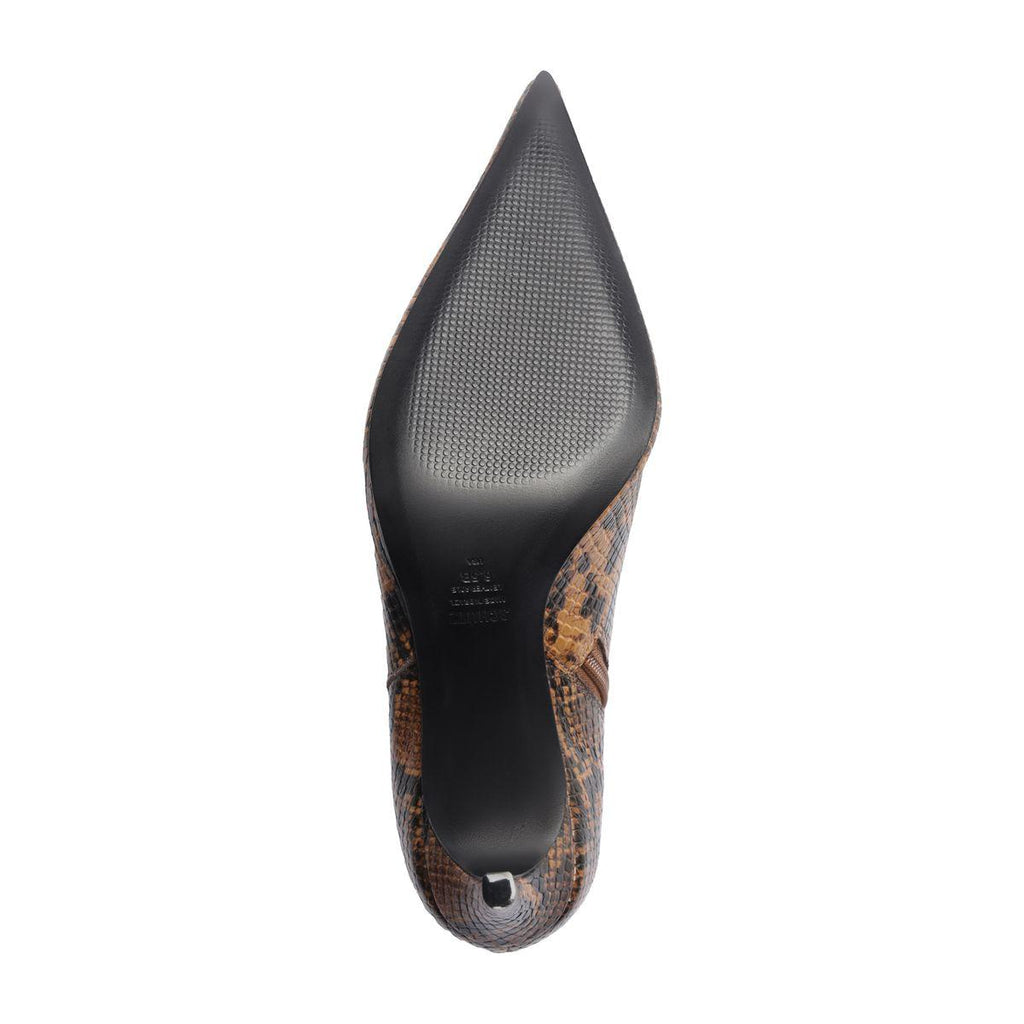 Bottom view of Mikki Bootie in Animal Print showcasing pointed toe and stiletto heel with white background