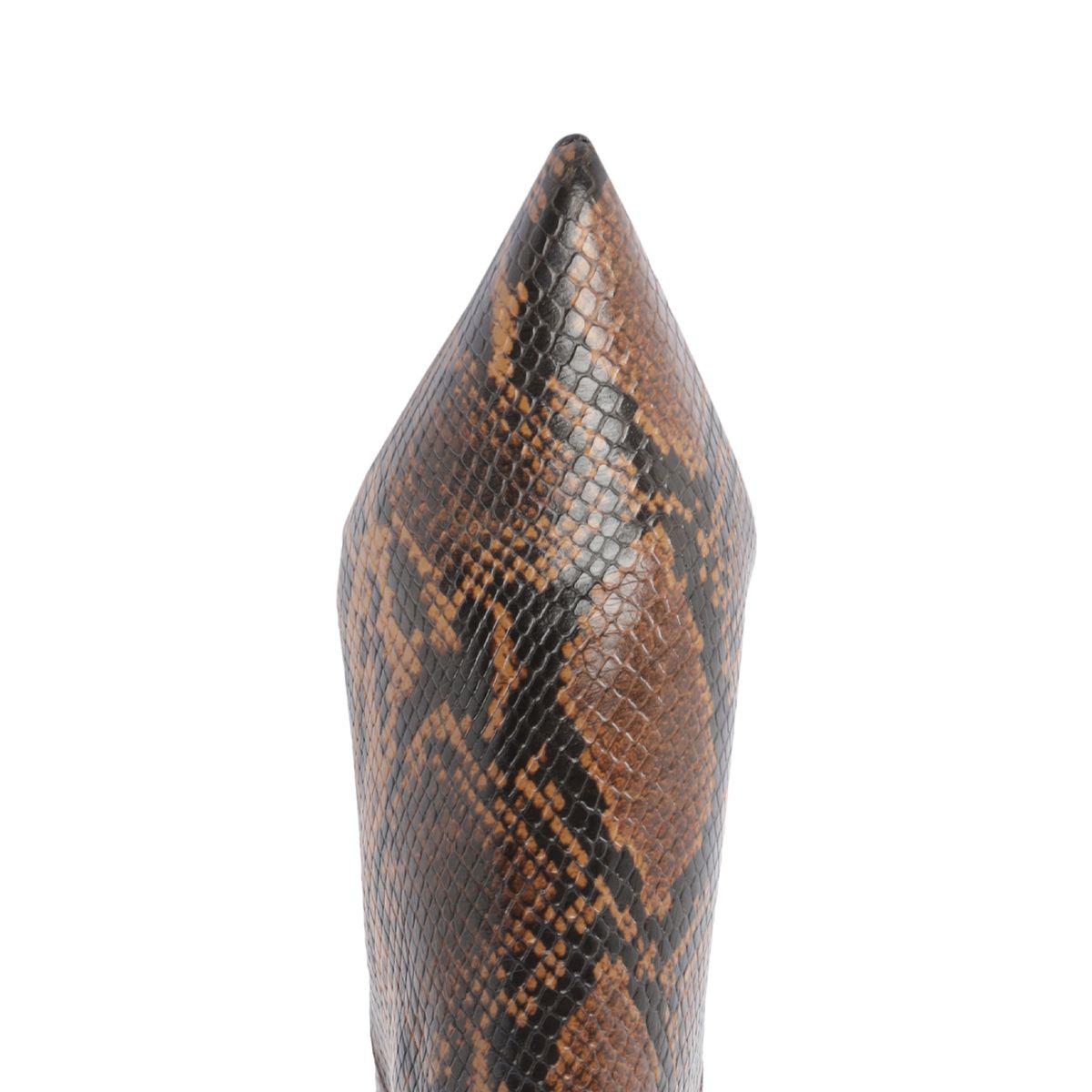 Close-up view of Mikki Bootie in Animal Print showcasing pointed toe and textured animal print upper with white background