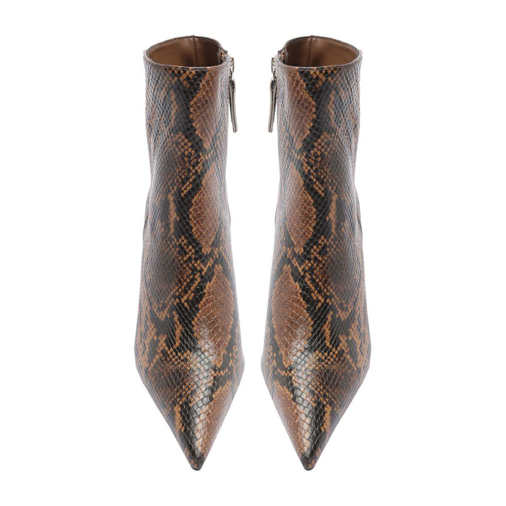 Front view of Mikki Bootie in Animal Print showcasing pointed toes and stiletto heels with a white background