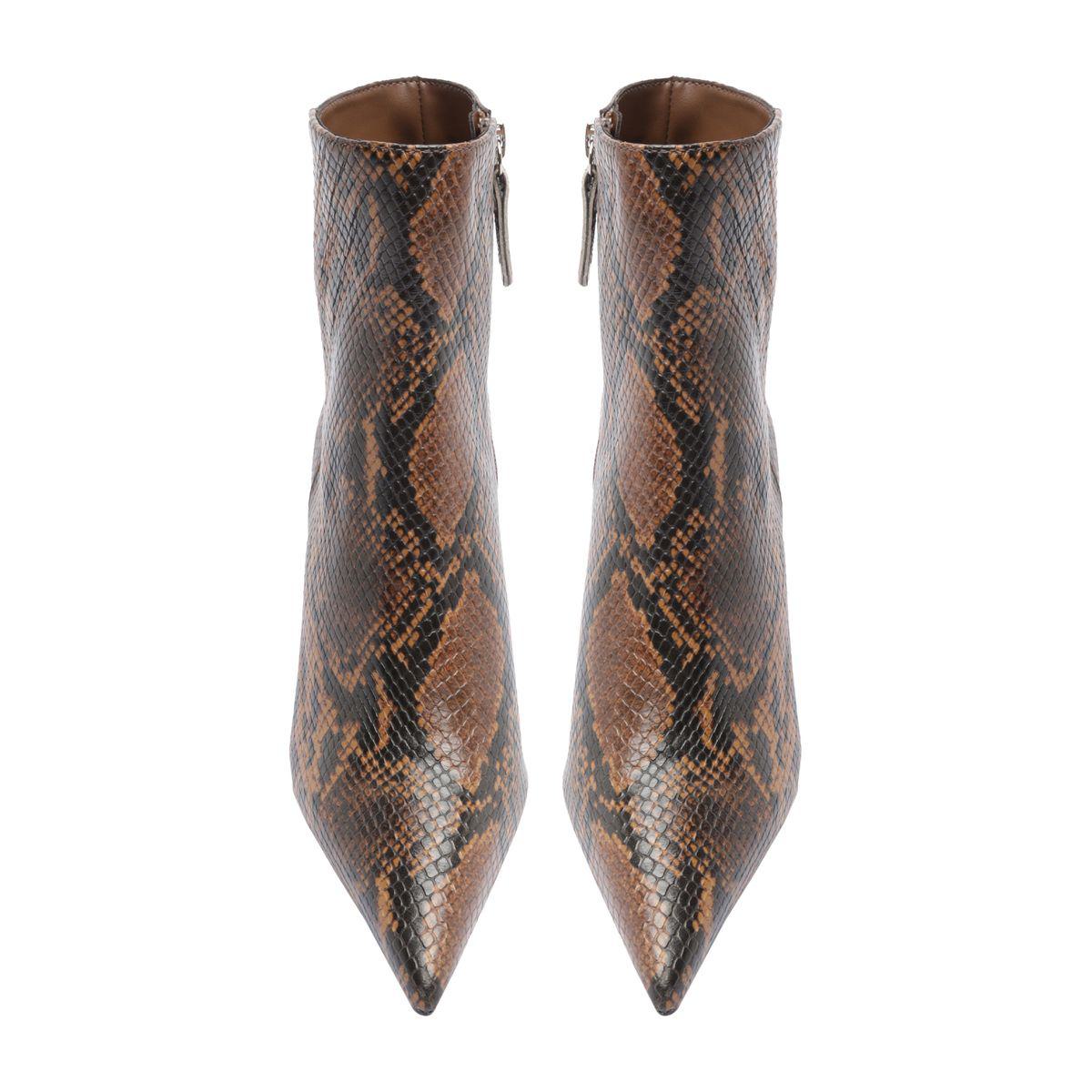 Front view of Mikki Bootie in Animal Print showcasing pointed toes and stiletto heels with a white background