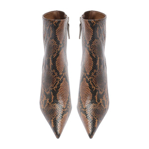 Front view of Mikki Bootie in Animal Print showcasing pointed toes and stiletto heels with a white background