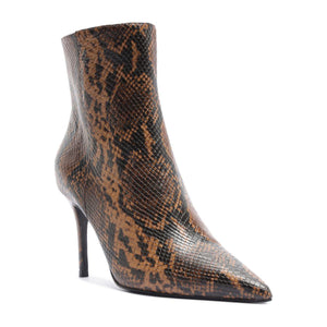 Three-quarter view of Mikki Bootie in Animal Print showcasing its pointed toe and stiletto heel with a white background