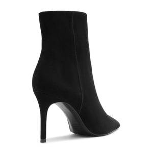 Side view of Mikki Bootie in Black showcasing its pointed toe and stiletto heel on a white background